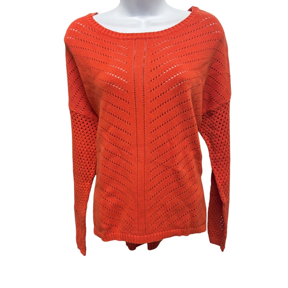 Prana Womens Orange Open Knit Pointelle Chevron Drop Shoulder Sweater Large
